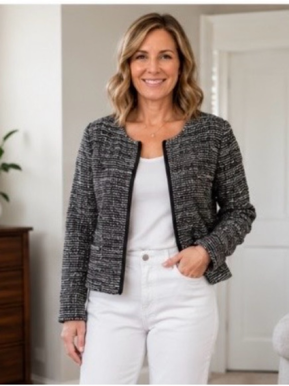 White House Black Market Black Tweed Open-Front Blazer
